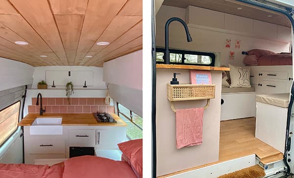 Interior of @tamzin_in_transit's converted 2011 Ford Transit van, showcasing a cozy and stylish van life design. The van features a wood-paneled ceiling, a compact kitchenette with pink tiles, a farmhouse sink, white cabinetry, and a small living area with a bench seat, ample storage, and decorative elements like throw pillows and a woven basket.