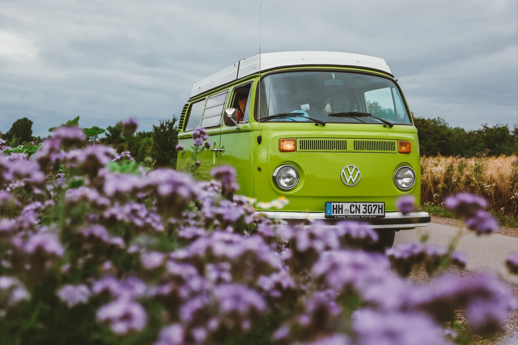 A bright green vintage VW T2 bus, named Heinrich, driving along a scenic road, framed by purple wildflowers in the foreground. The van is a key part of @meetheinrich's vanlife adventures documented in their travels.